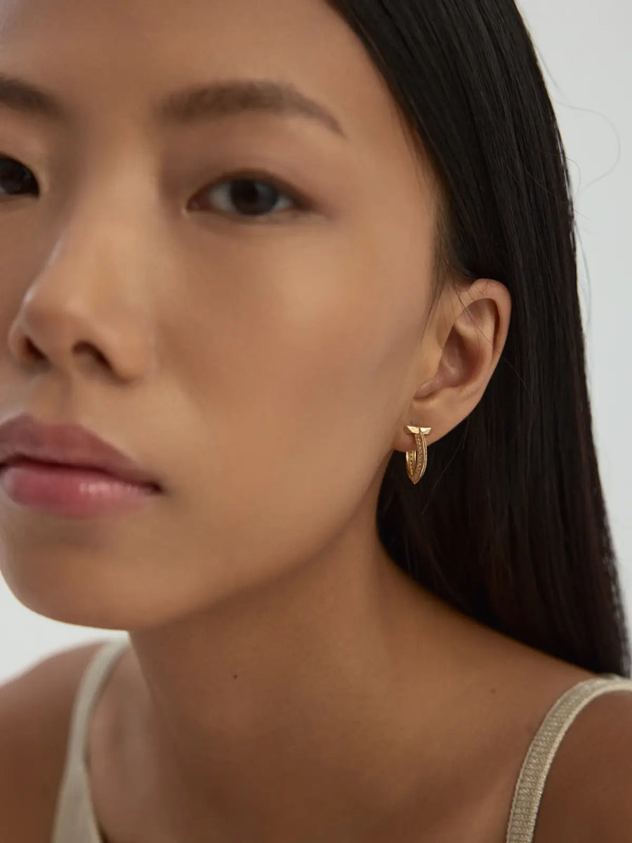 Geometric Tip Hoop Earrings With Stone Accents in 14K Gold