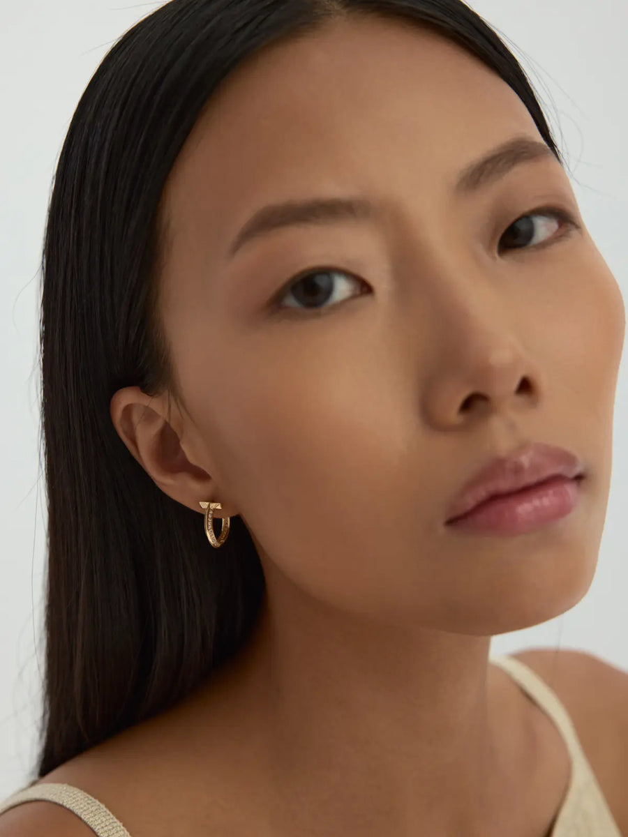 Geometric Tip Hoop Earrings With Stone Accents in 14K Gold
