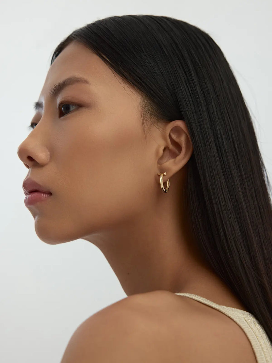 Geometric Tip Hoop Earrings With Stone Accents in 14K Gold