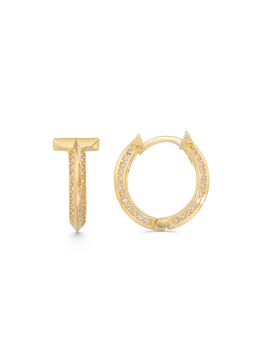 Geometric Tip Hoop Earrings With Stone Accents in 14K Gold