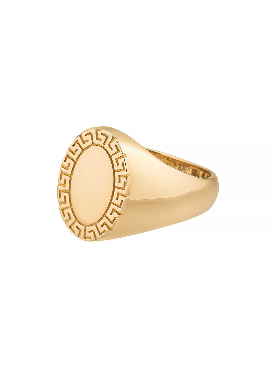 Grek Patterned Oval Form Ring in 14K Gold