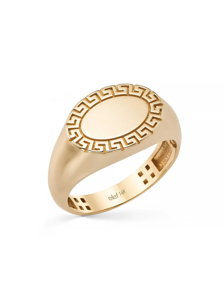 Grek Patterned Oval Form Ring in 14K Gold