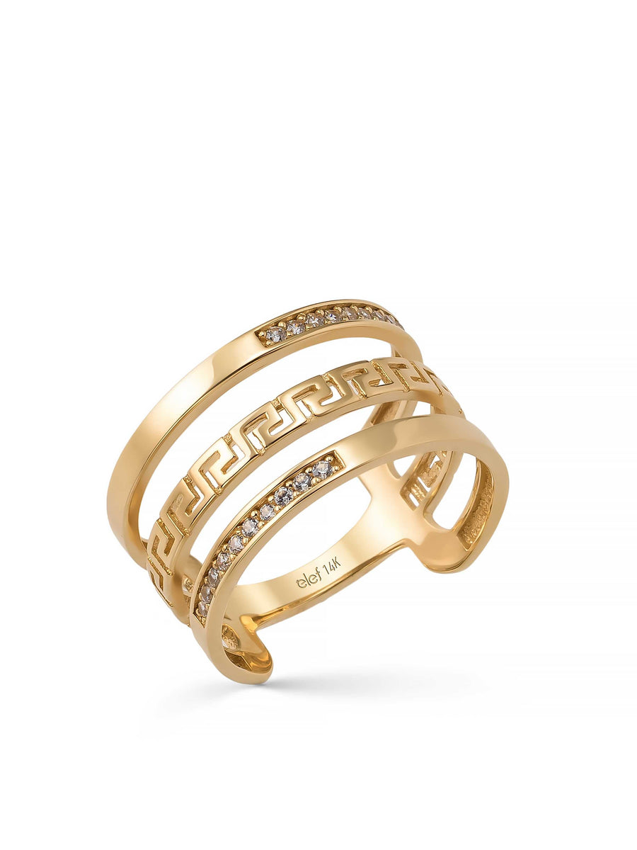 Grek Patterned Stone-Set Ring in 14K Gold
