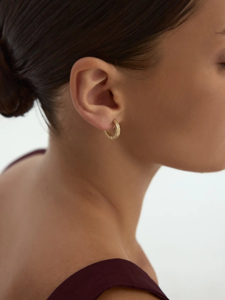 Grek Patterned Stone Earrings in 14K Gold