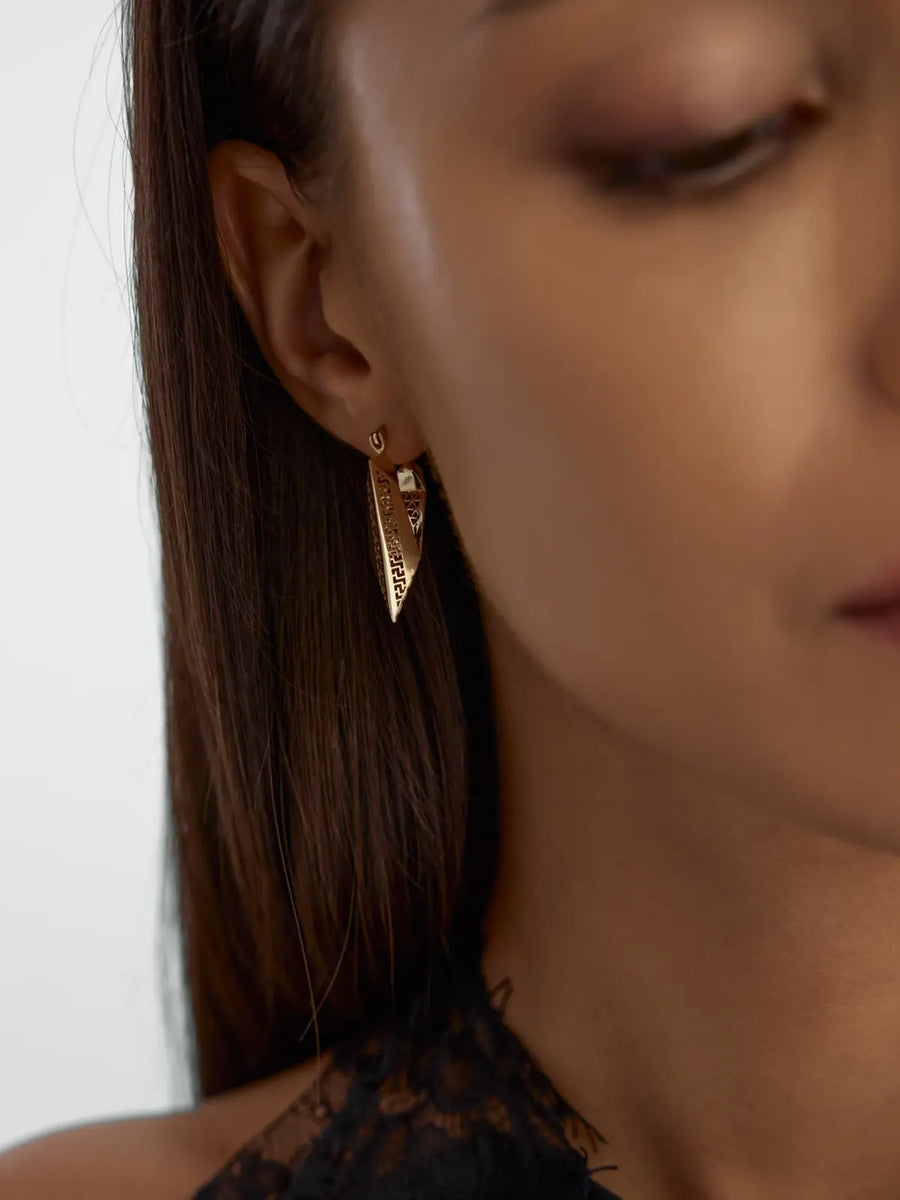 Grek Motif V Form Earrings in 14K Gold