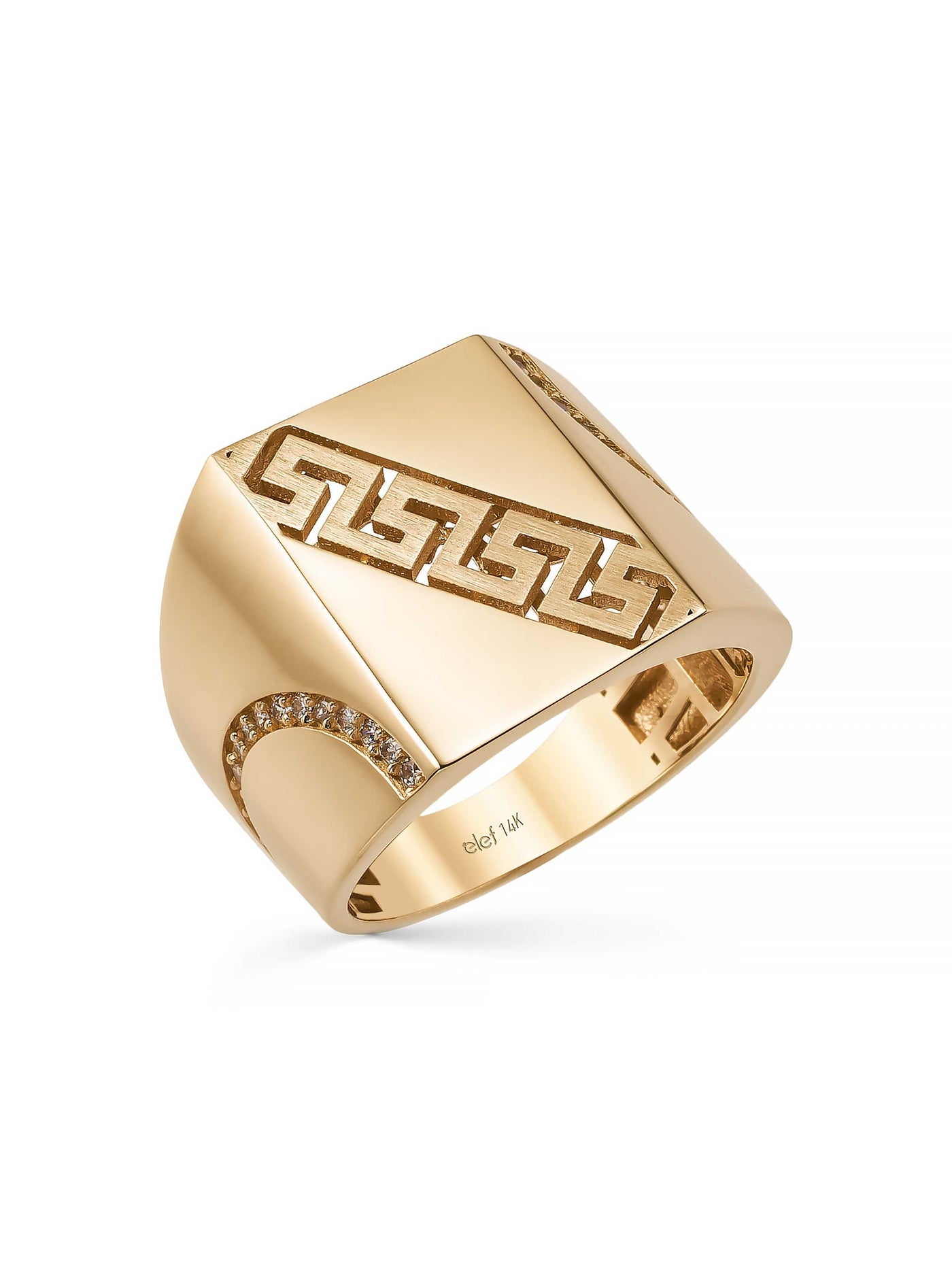 Grek Motif Sides Stone Disc Form Ring in 14K Gold by Elef Jewelry
