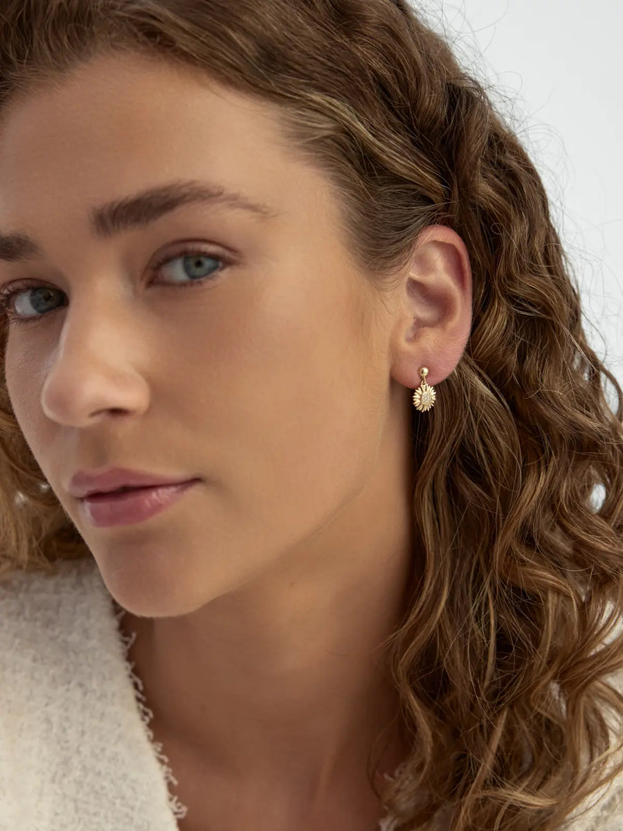 Sun Flower Stone Earrings in 14K Gold