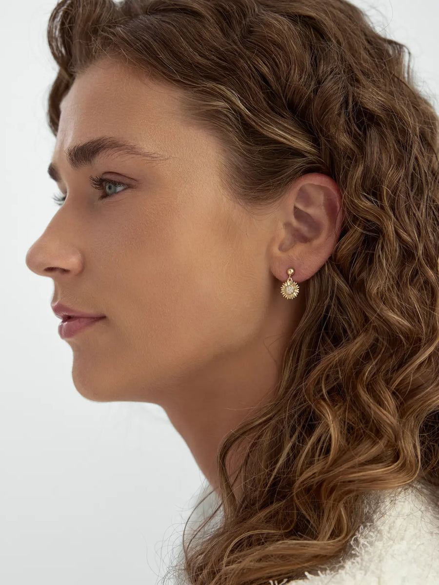 Sun Flower Stone Earrings in 14K Gold