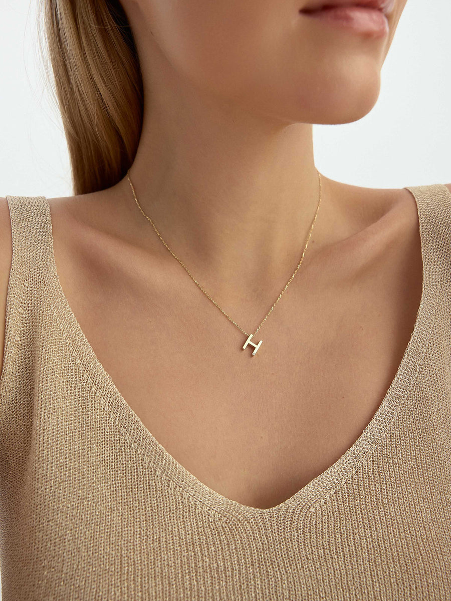 Letter H Stone Initial Necklace in 14K Gold