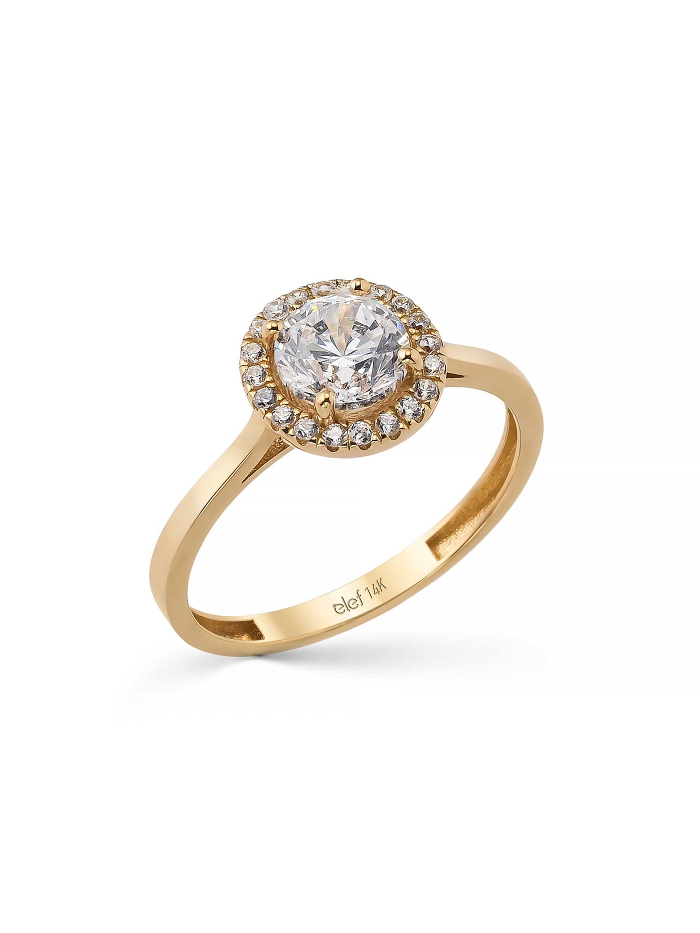 Halo Solitaire Round Cut Ring in 14K Gold by Elef Jewelry