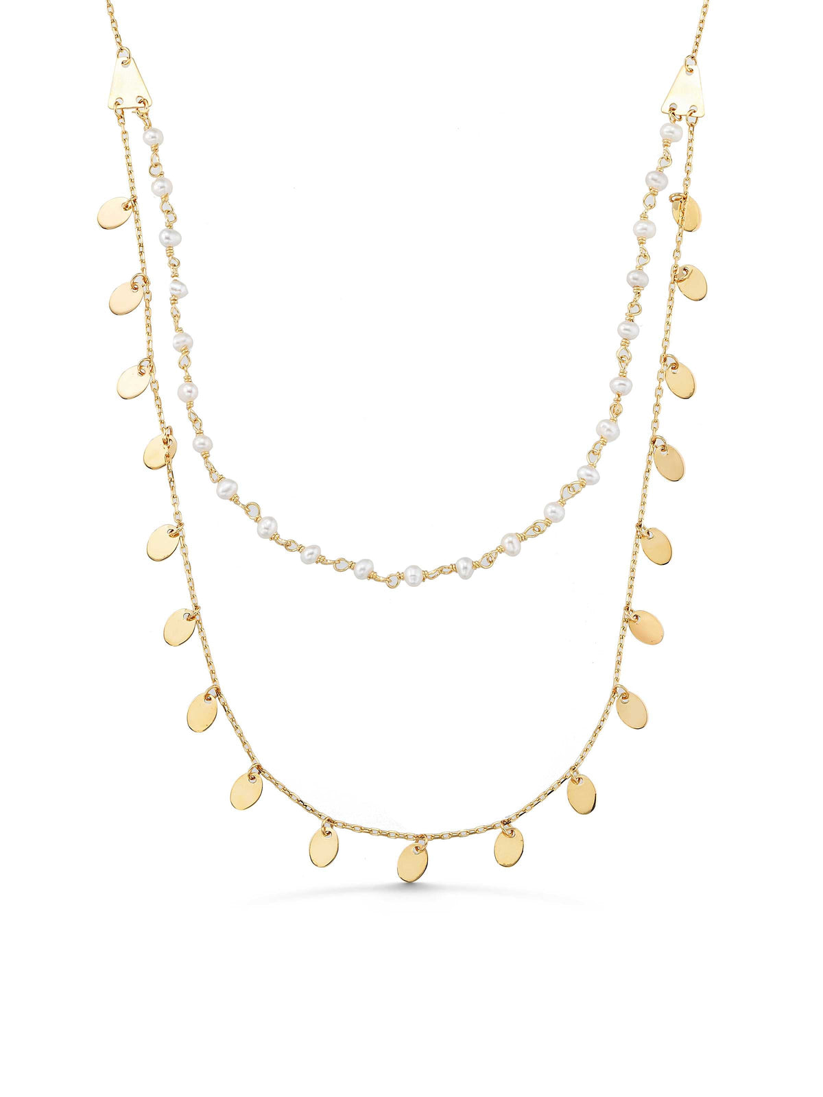 Pearl Double Drop Disc Accents Necklace in 14K Gold by Elef Jewelry