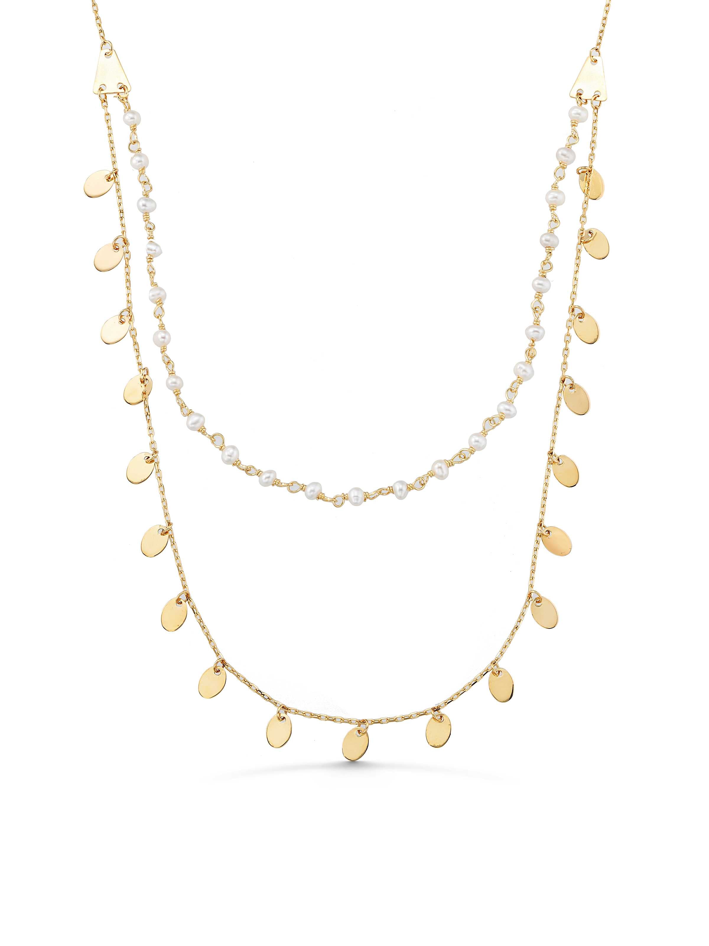 Pearl Double Drop Disc Accents Necklace in 14K Gold by Elef Jewelry