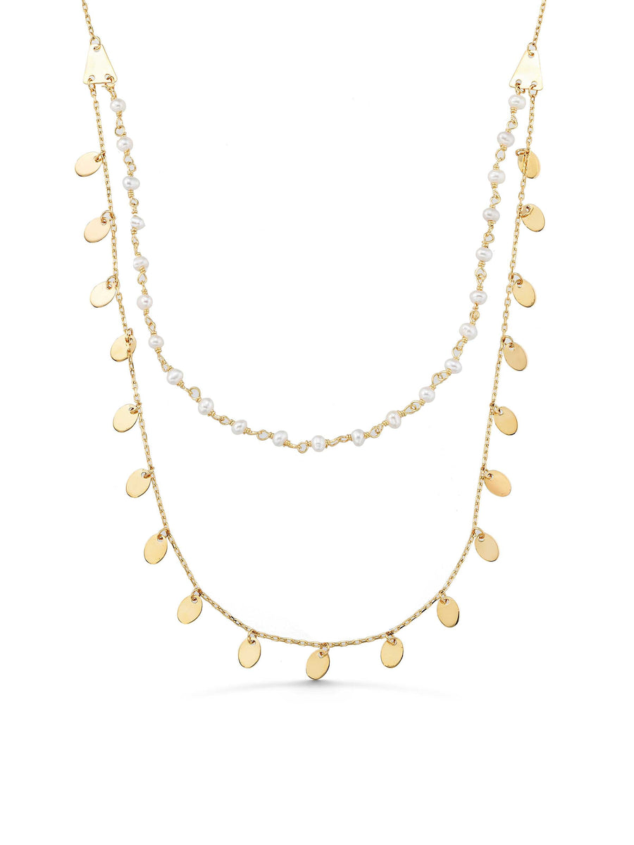 Pearl Double Drop Disc Accents Necklace in 14K Gold