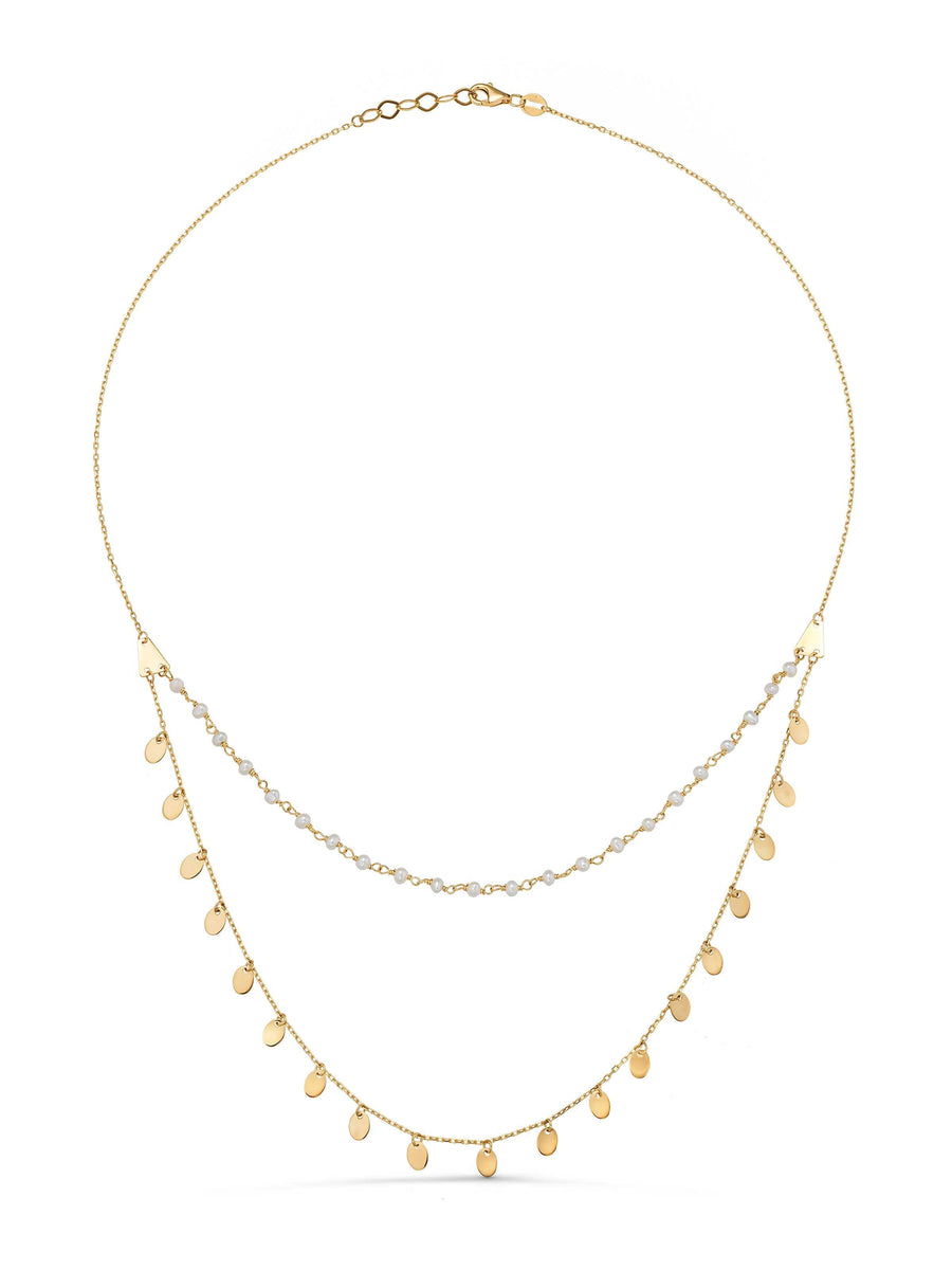 Pearl Double Drop Disc Accents Necklace in 14K Gold