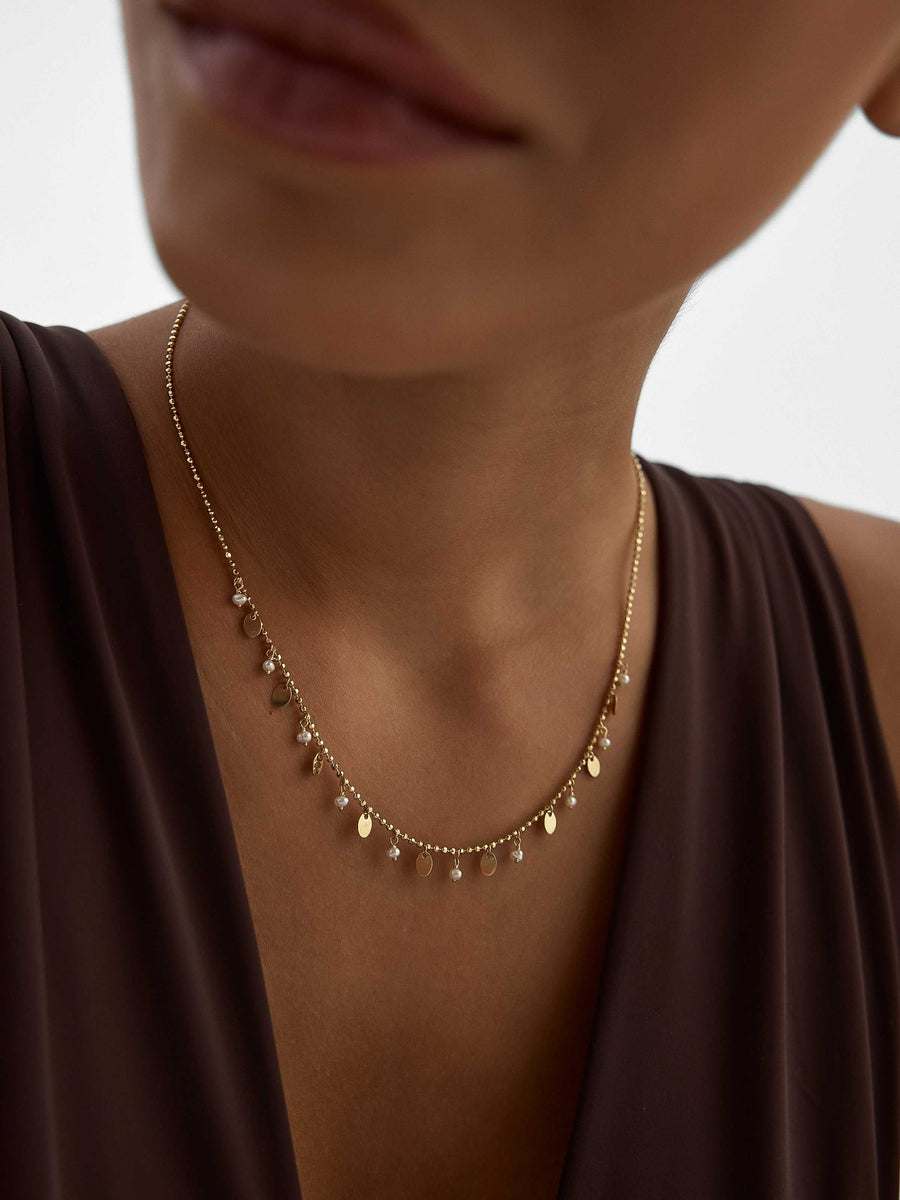 Pearl, Dorika Bead & Drop Disc Accents Necklace in 14K Gold