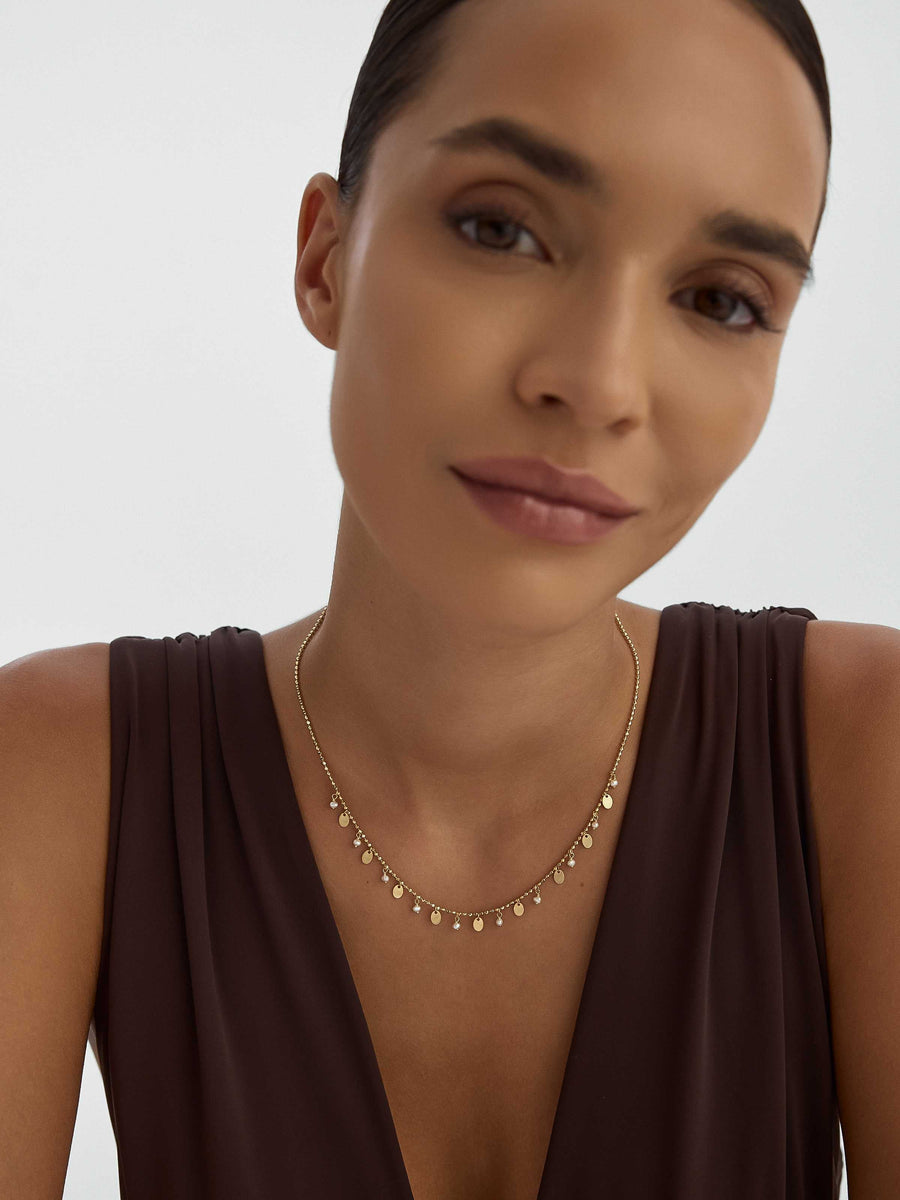 Pearl, Dorika Bead & Drop Disc Accents Necklace in 14K Gold