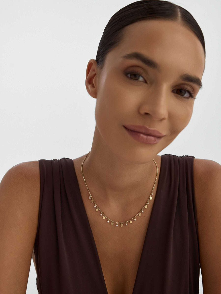 Pearl, Dorika Bead & Drop Disc Accents Necklace in 14K Gold
