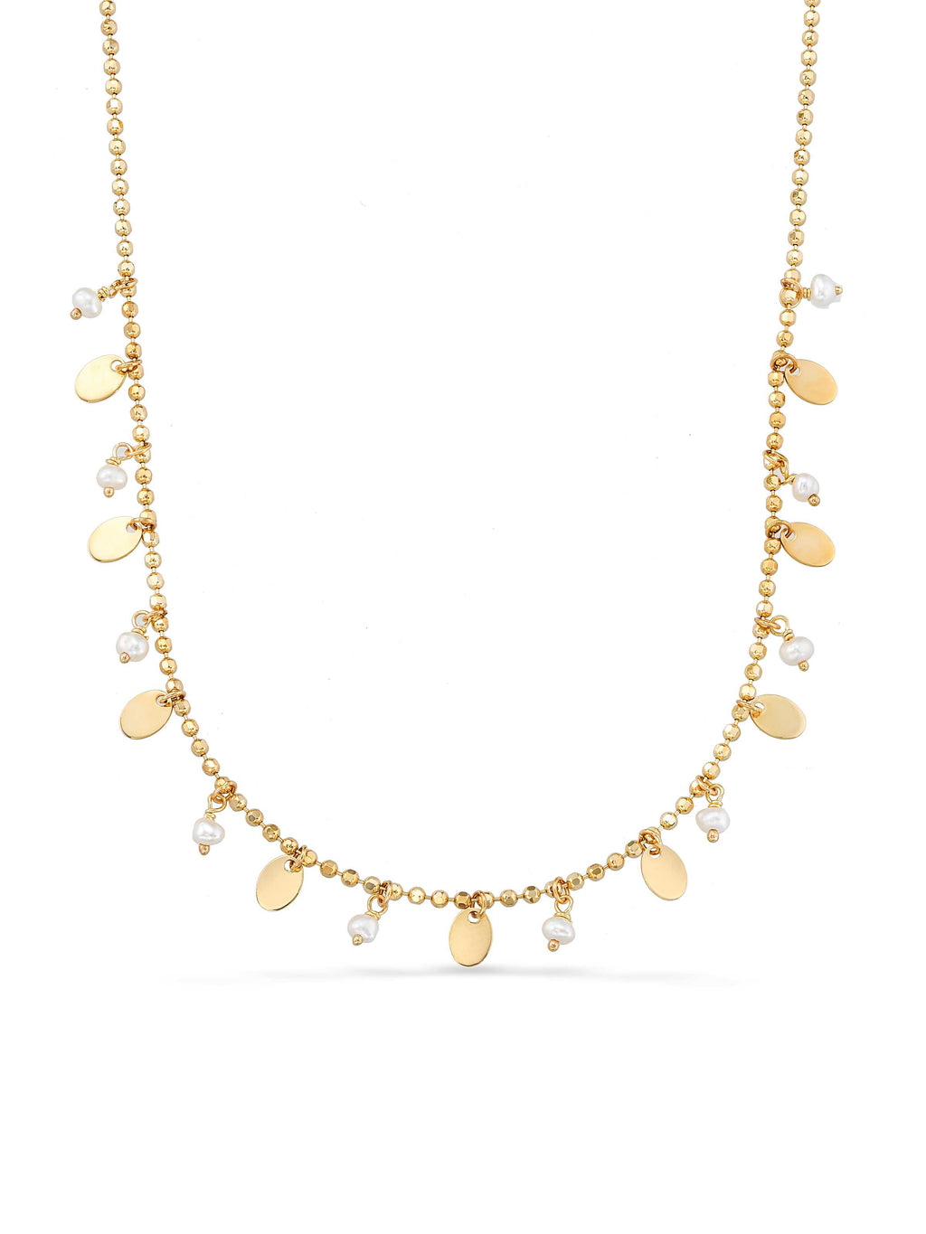 Pearl, Dorika Bead & Drop Disc Accents Necklace in 14K Gold by Elef Jewelry