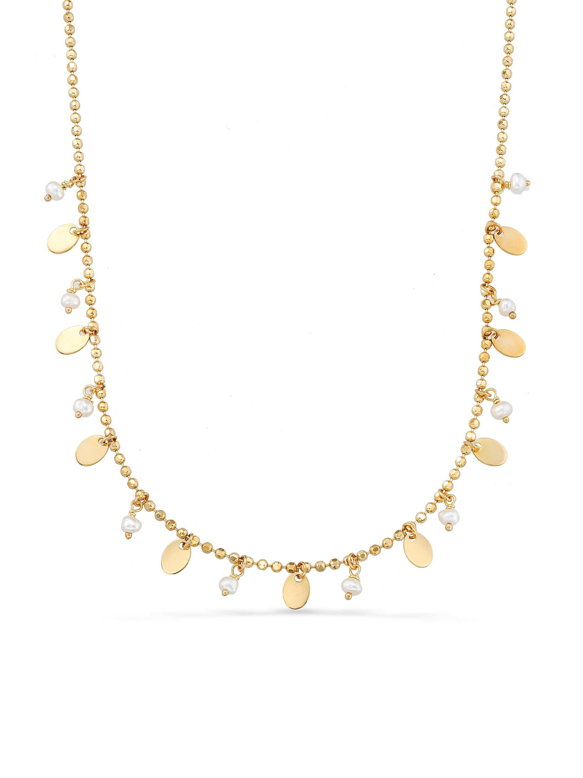 Pearl, Dorika Bead & Drop Disc Accents Necklace in 14K Gold by Elef Jewelry