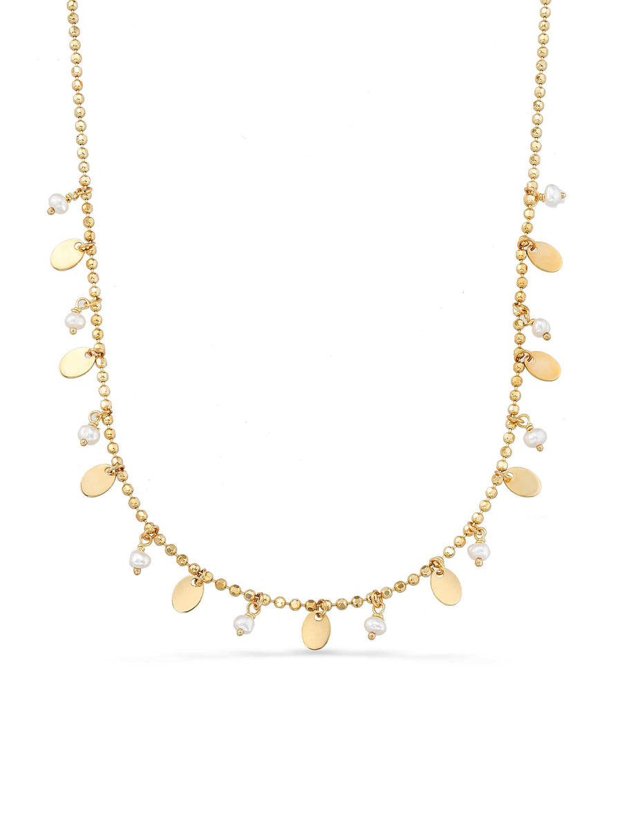 Pearl, Dorika Bead & Drop Disc Accents Necklace in 14K Gold