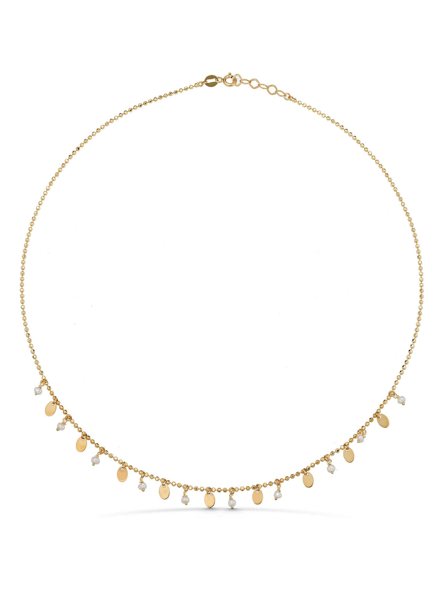 Pearl, Dorika Bead & Drop Disc Accents Necklace in 14K Gold