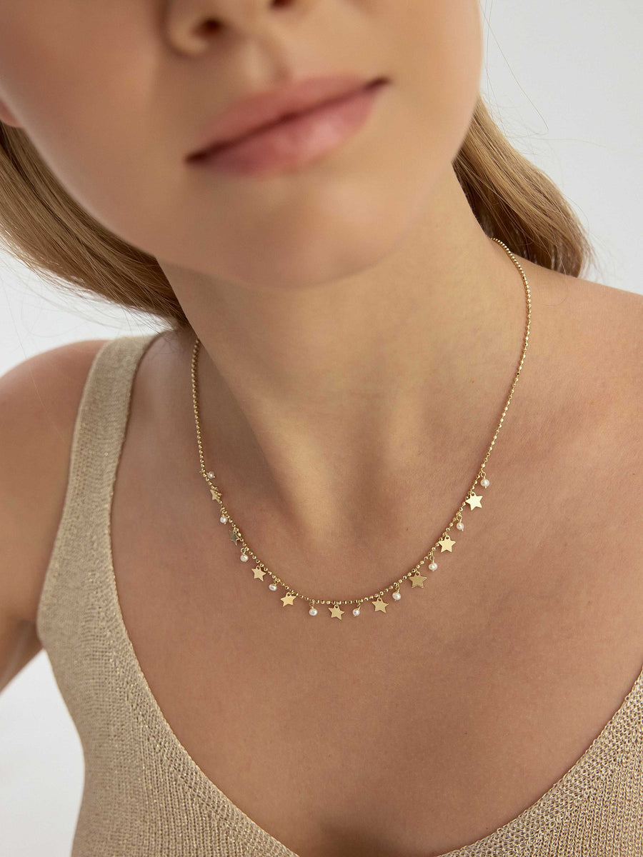 Pearl, Dorika Bead & Drop Star Necklace in 14K Gold