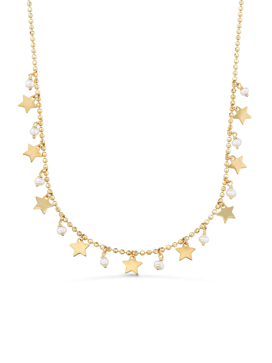 Pearl, Dorika Bead & Drop Star Necklace in 14K Gold