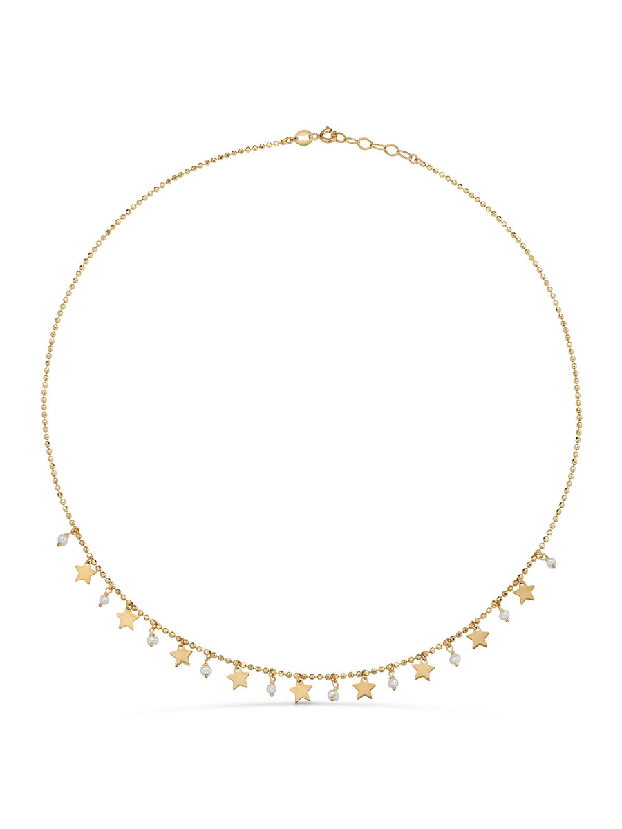 Pearl, Dorika Bead & Drop Star Necklace in 14K Gold