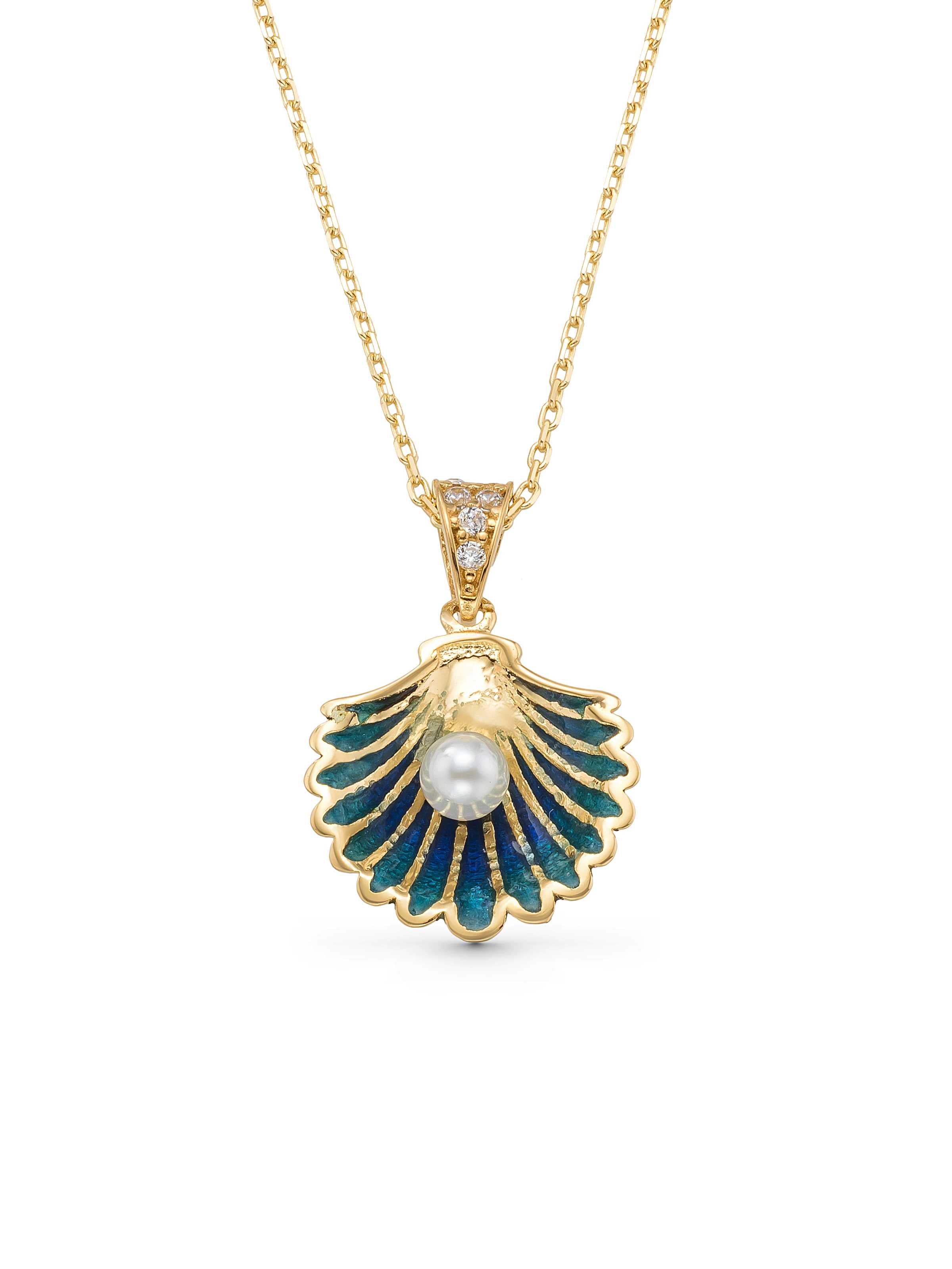 Pearl Tanesi Enamel Deniz Shell Necklace in 14K Gold by Elef Jewelry