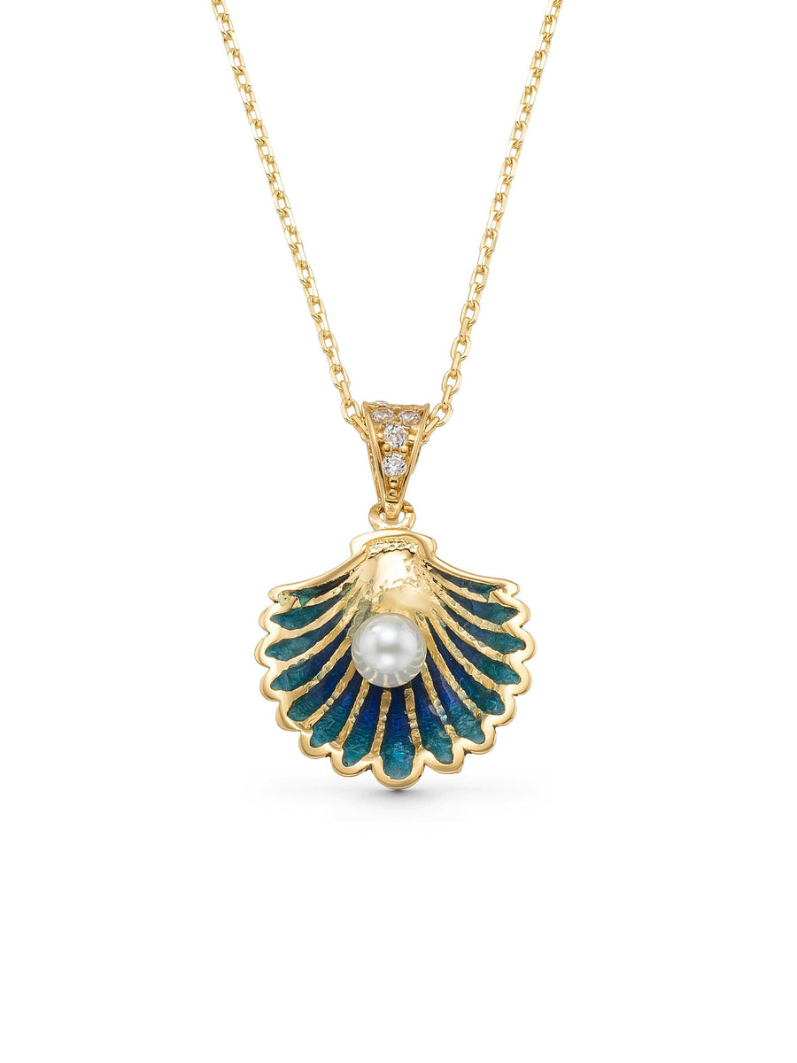 Pearl Tanesi Enamel Deniz Shell Necklace in 14K Gold