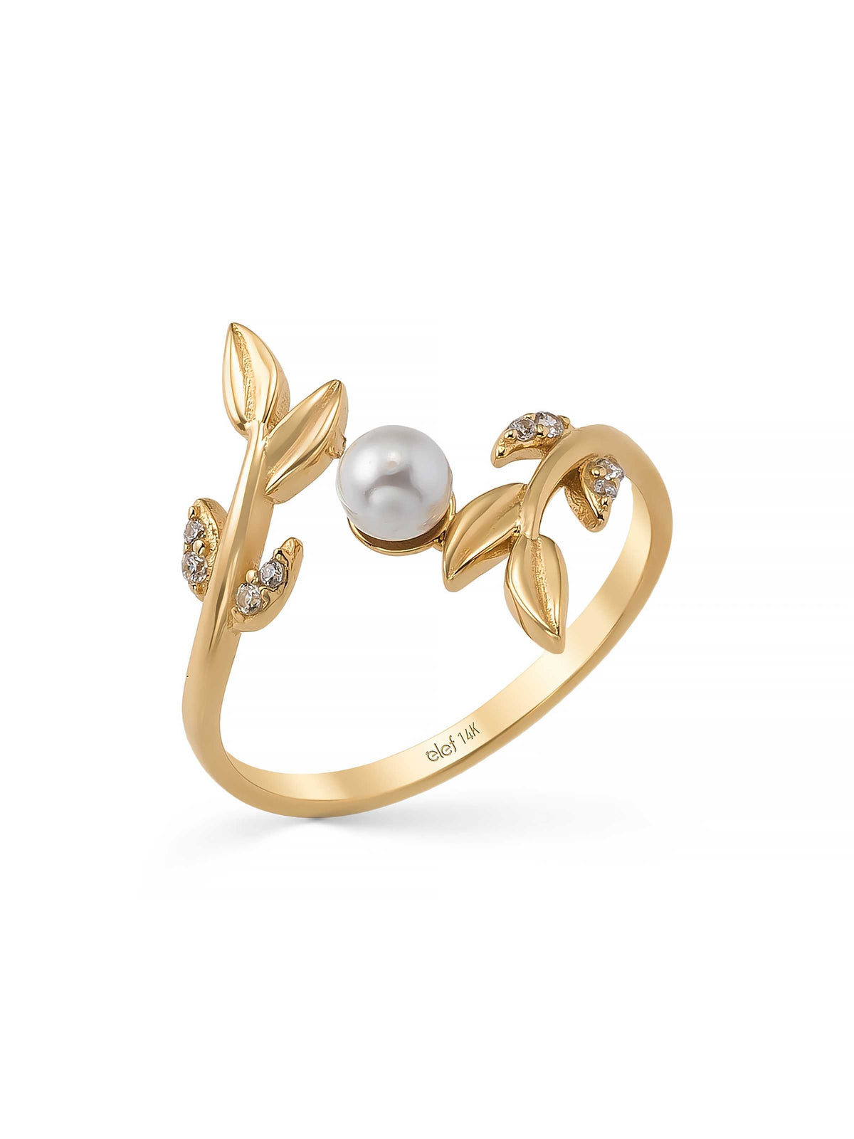Pearl & Leaf Motif Natural Ring in 14K Gold by Elef Jewelry