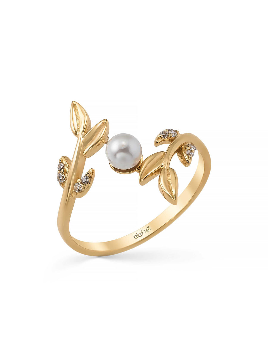 Pearl & Leaf Motif Natural Ring in 14K Gold