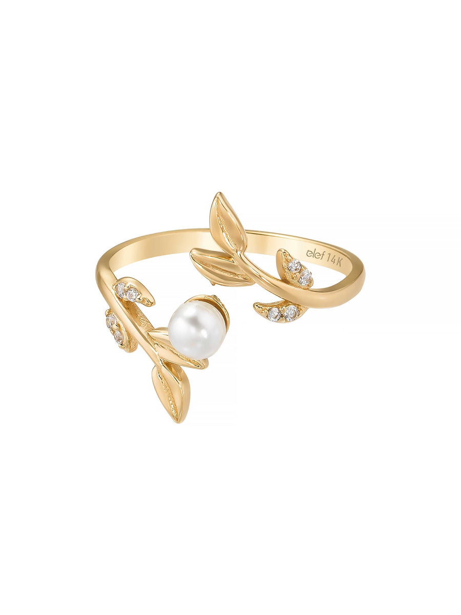 Pearl & Leaf Motif Natural Ring in 14K Gold