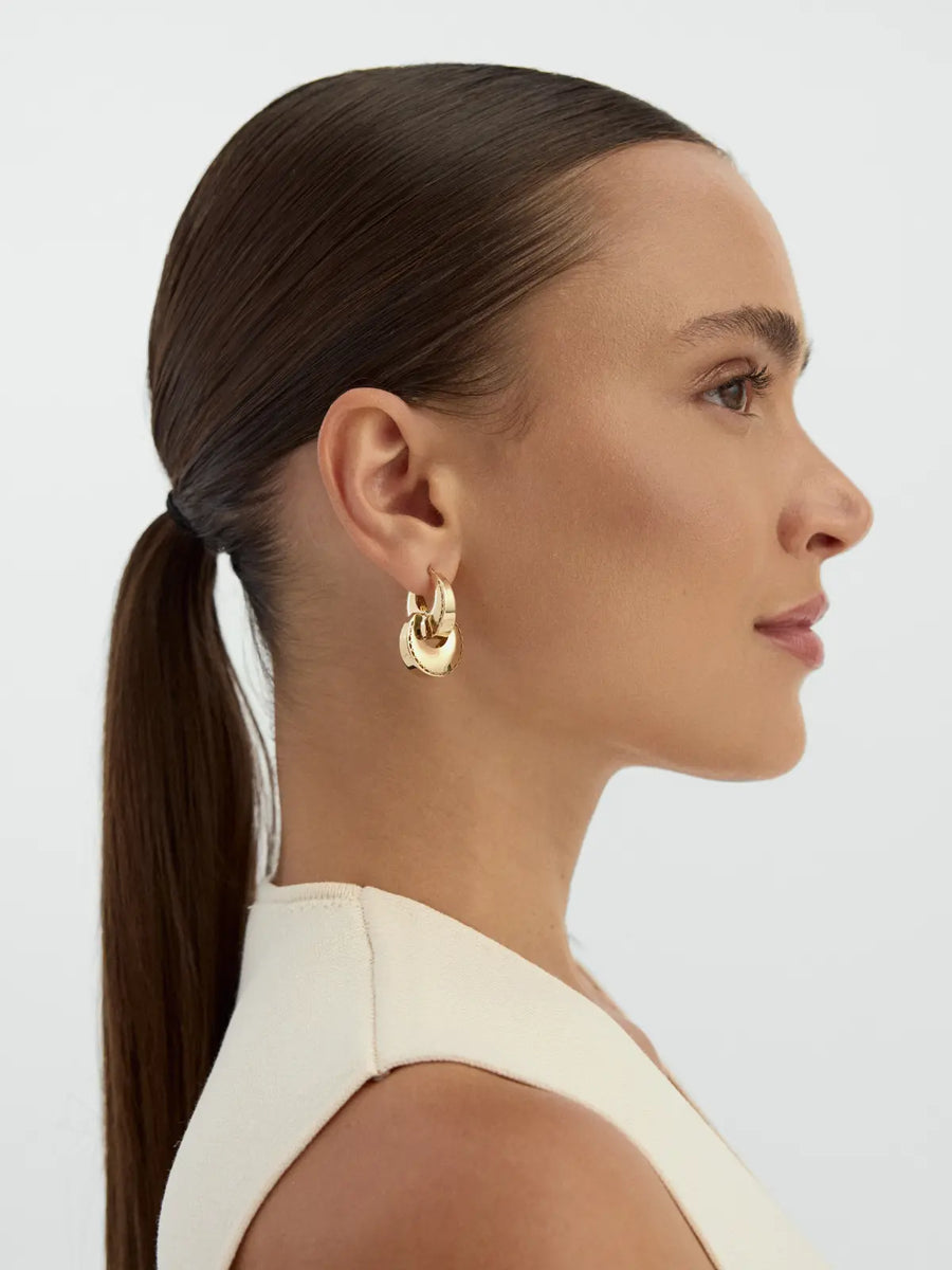 Italian Double Ringed Engraved Earrings in 14K Gold
