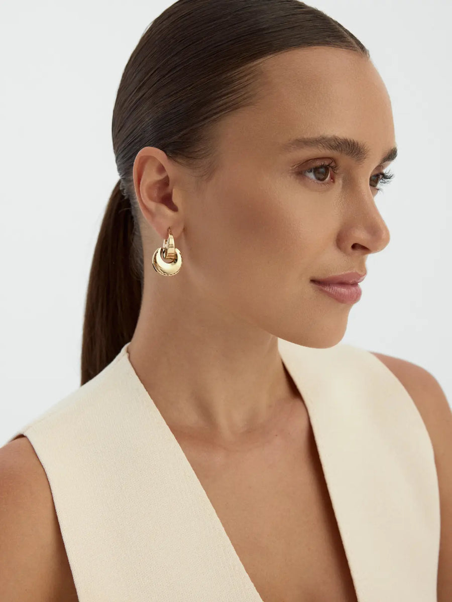 Italian Double Ringed Engraved Earrings in 14K Gold