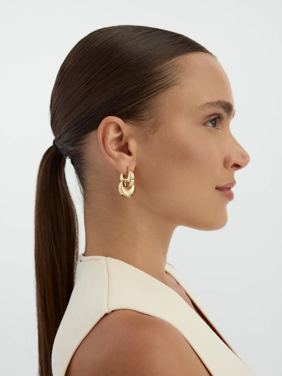 Italian Double Ringed Engraved Earrings in 14K Gold
