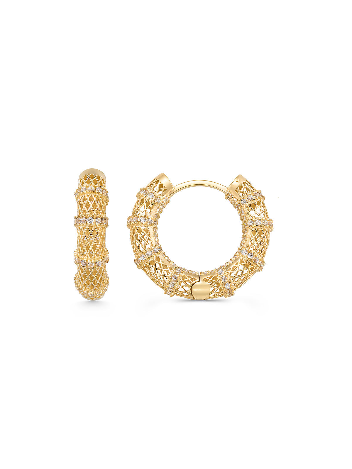 Kafes Textured Hoop Earrings With Stone Accents in 14K Gold by Elef Jewelry