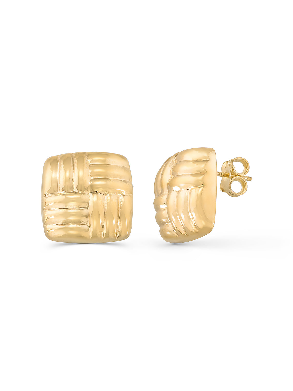 Kapitone Textured Square Form Earrings in 14K Gold by Elef Jewelry