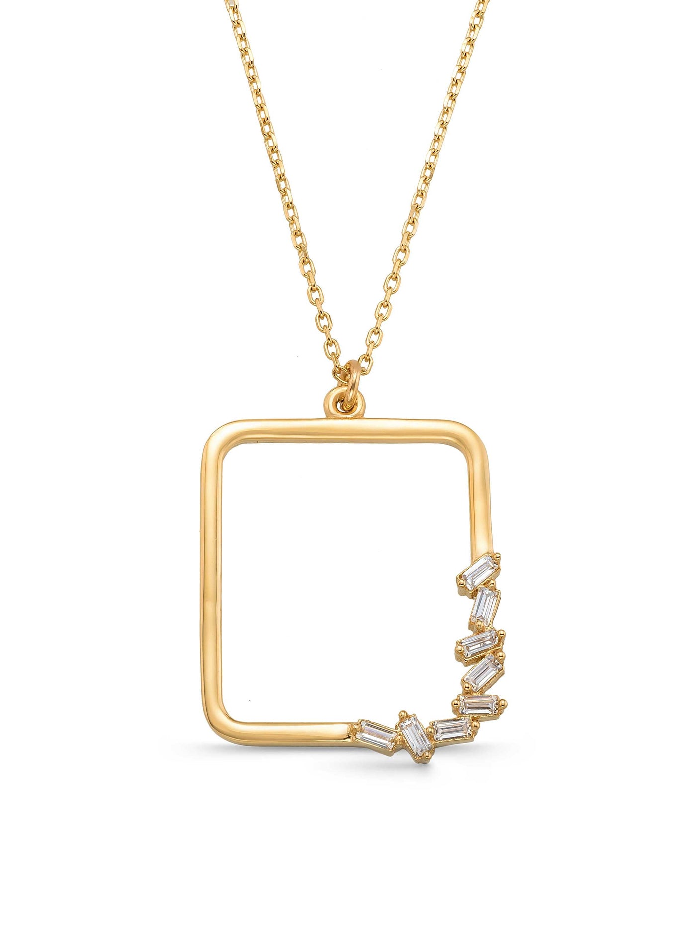 Square Form Baguette Stone Necklace in 14K Gold by Elef Jewelry