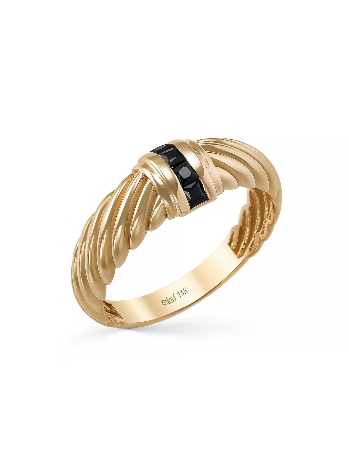 Square Black Stone Corded Form Ring in 14K Gold by Elef Jewelry