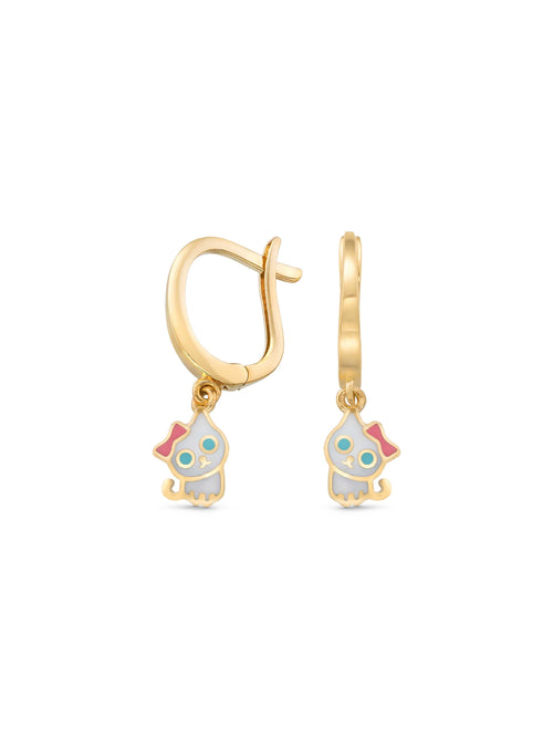 Cat Enamel Kids Drop Earrings in 14K Gold by Elef Jewelry