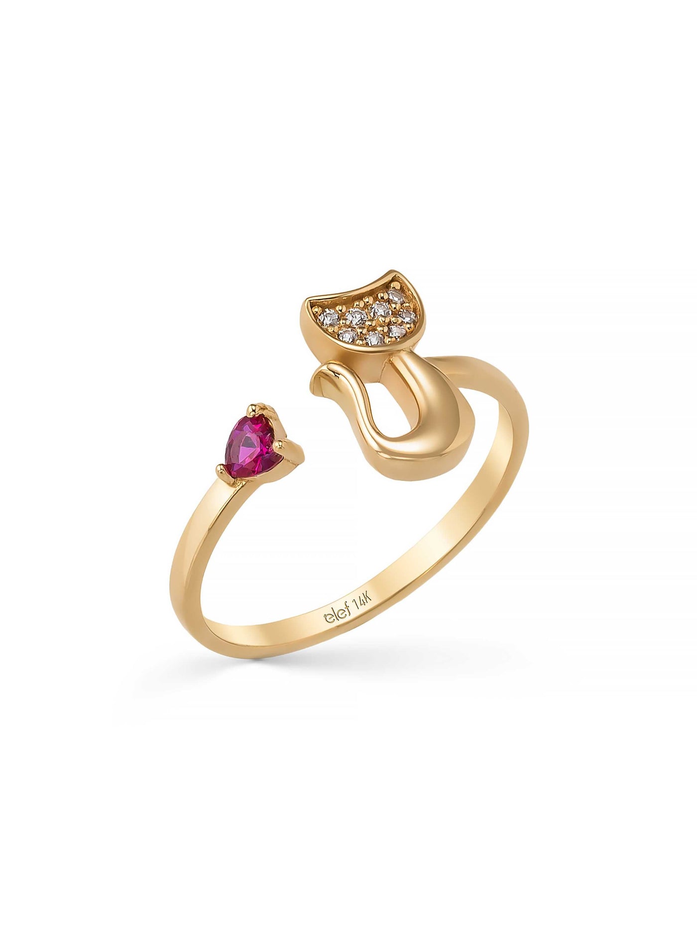 Cat Pink Heart Stone Ring in 14K Gold by Elef Jewelry