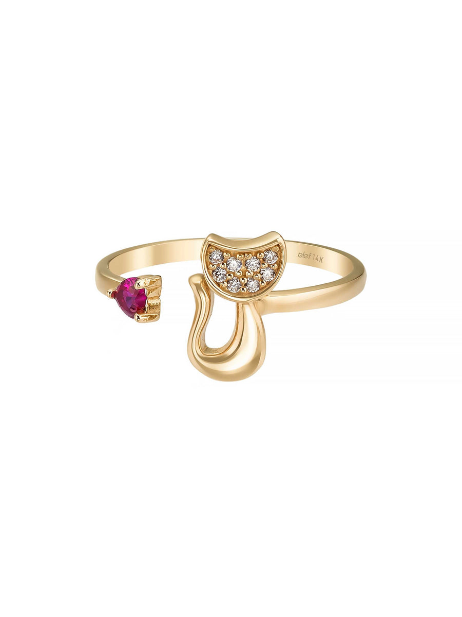 Cat Pink Heart Stone Ring in 14K Gold