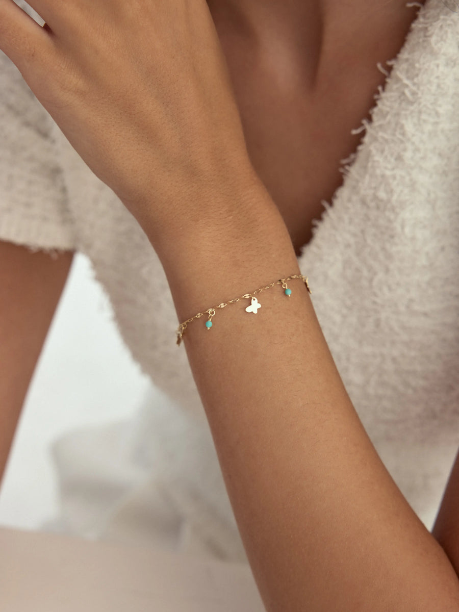 14K Gold Butterfly Turquoise Stone Accents Chain Bracelet