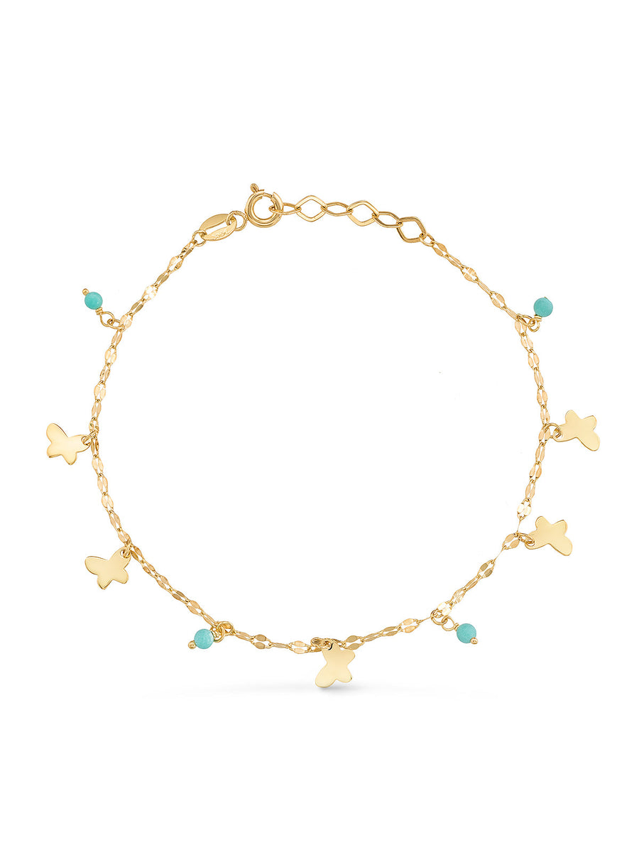 14K Gold Butterfly Turquoise Stone Accents Chain Bracelet