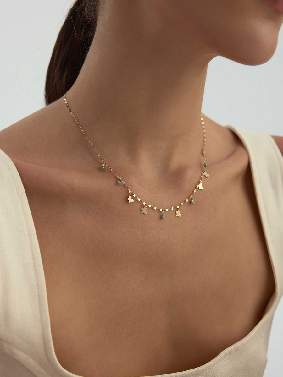 Butterfly Turquoise Stone Accents Necklace in 14K Gold