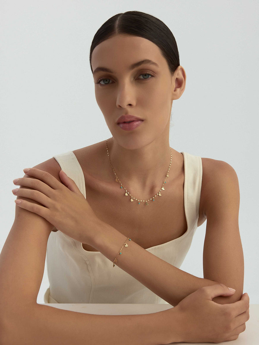 Butterfly Turquoise Stone Accents Necklace in 14K Gold