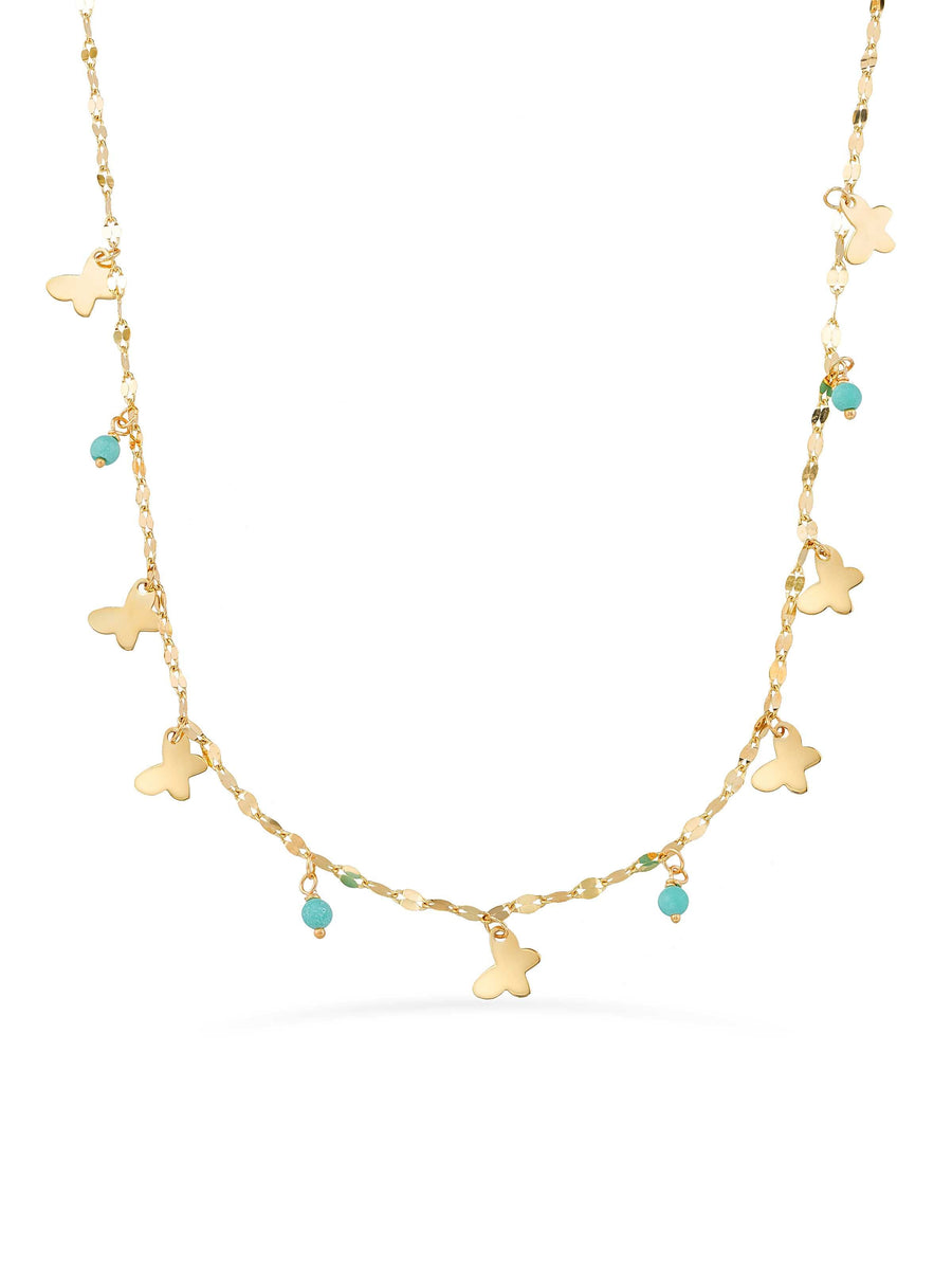 Butterfly Turquoise Stone Accents Necklace in 14K Gold