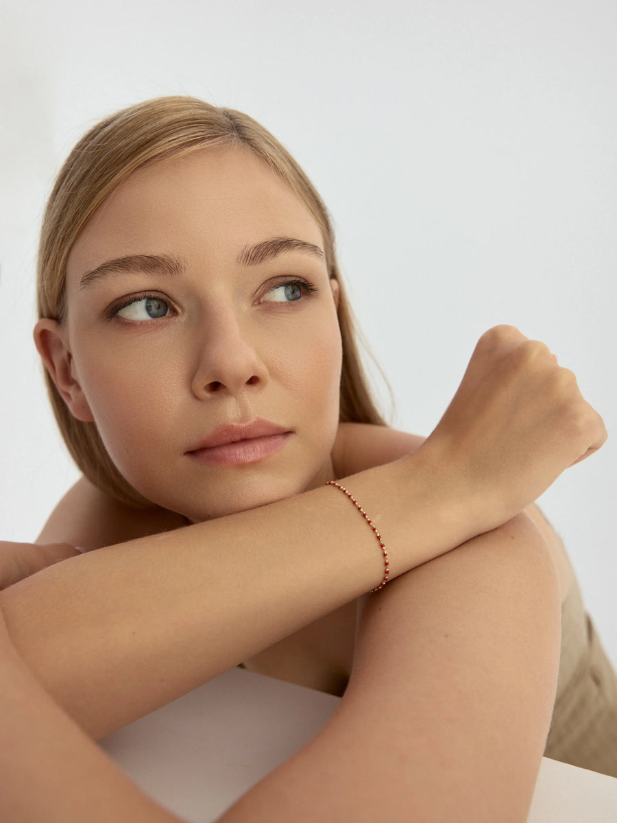 Red Enamel Dorika Bead Bracelet in 14K Gold