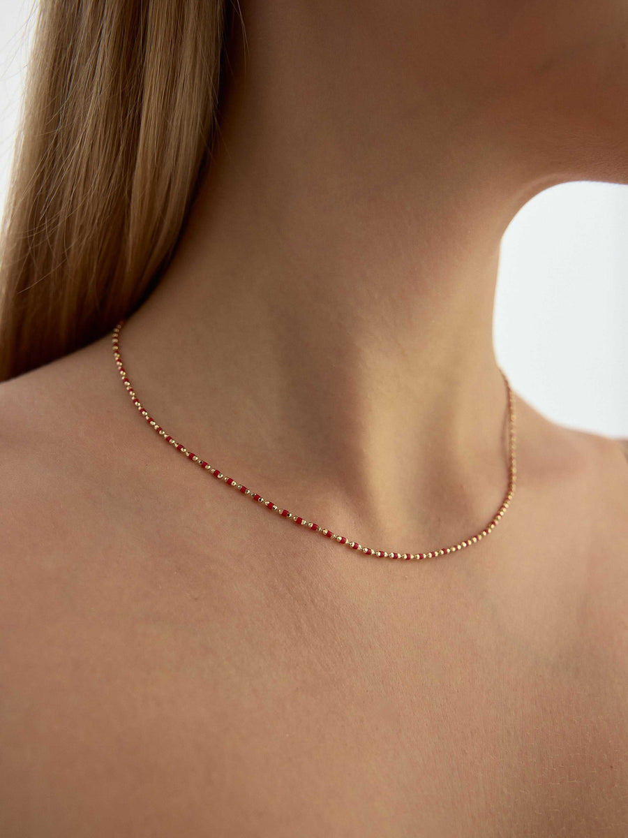 Red Cylinder Beaded Necklace in 14K Gold